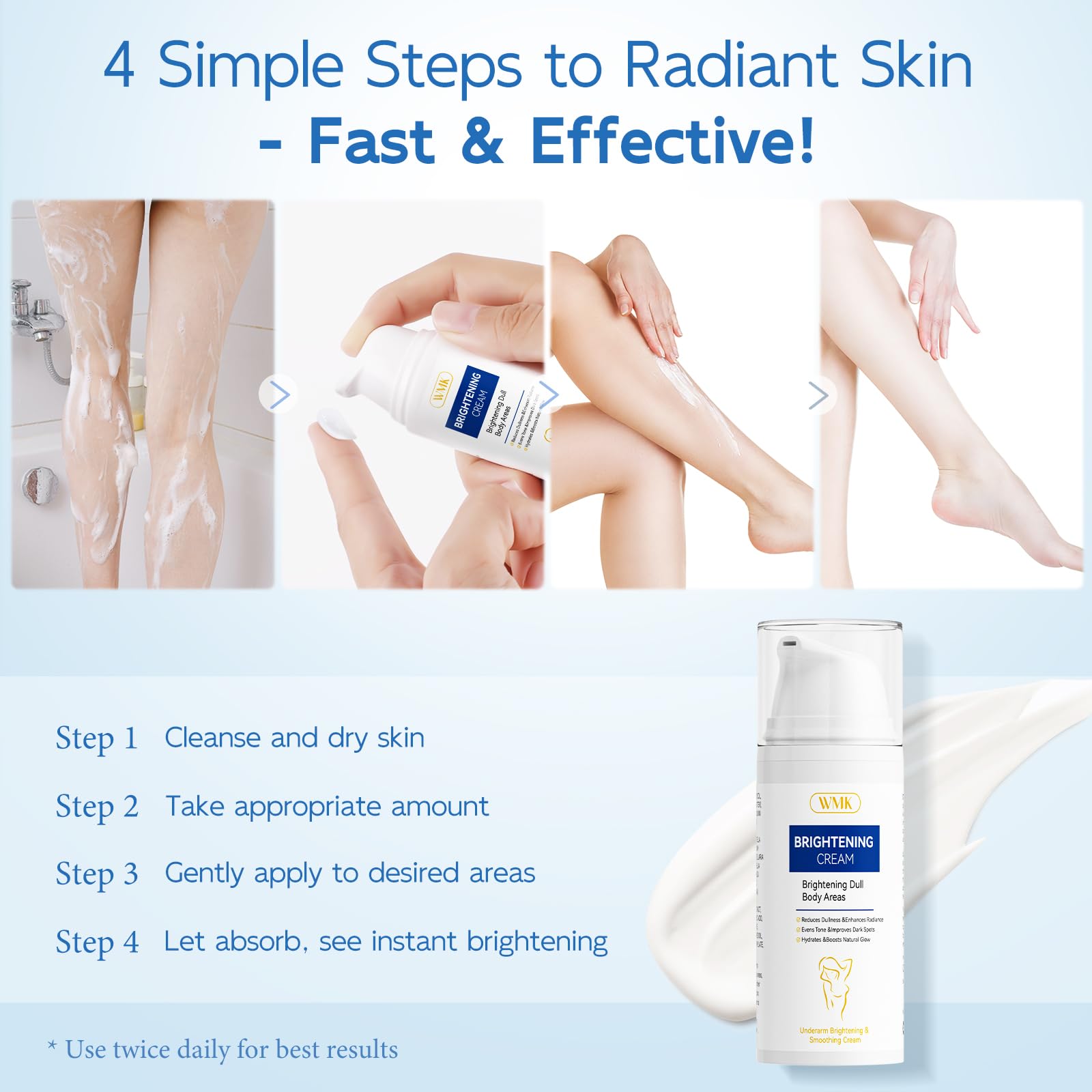 WMK Skin Brightening Cream elbows, smooth formula for even skin tone.