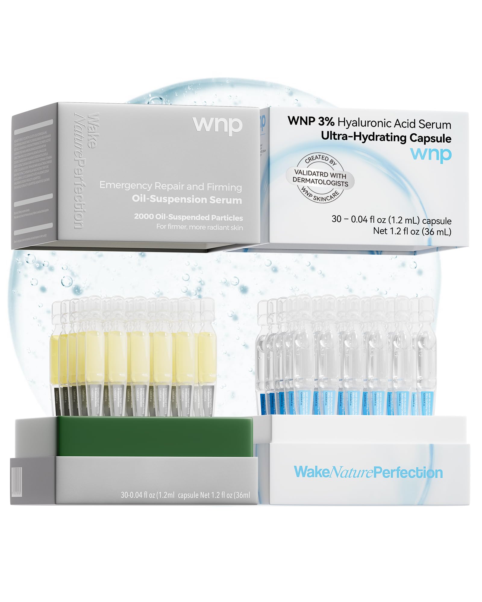 WNP Ultra Hydrating Serum bottle shows deep moisture for plump skin.