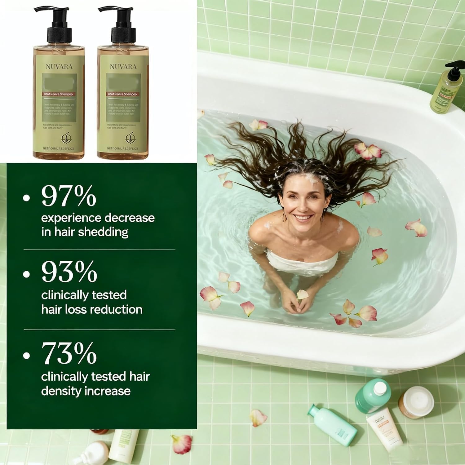 User performing a 2-minute scalp massage with Nuvara in shower.