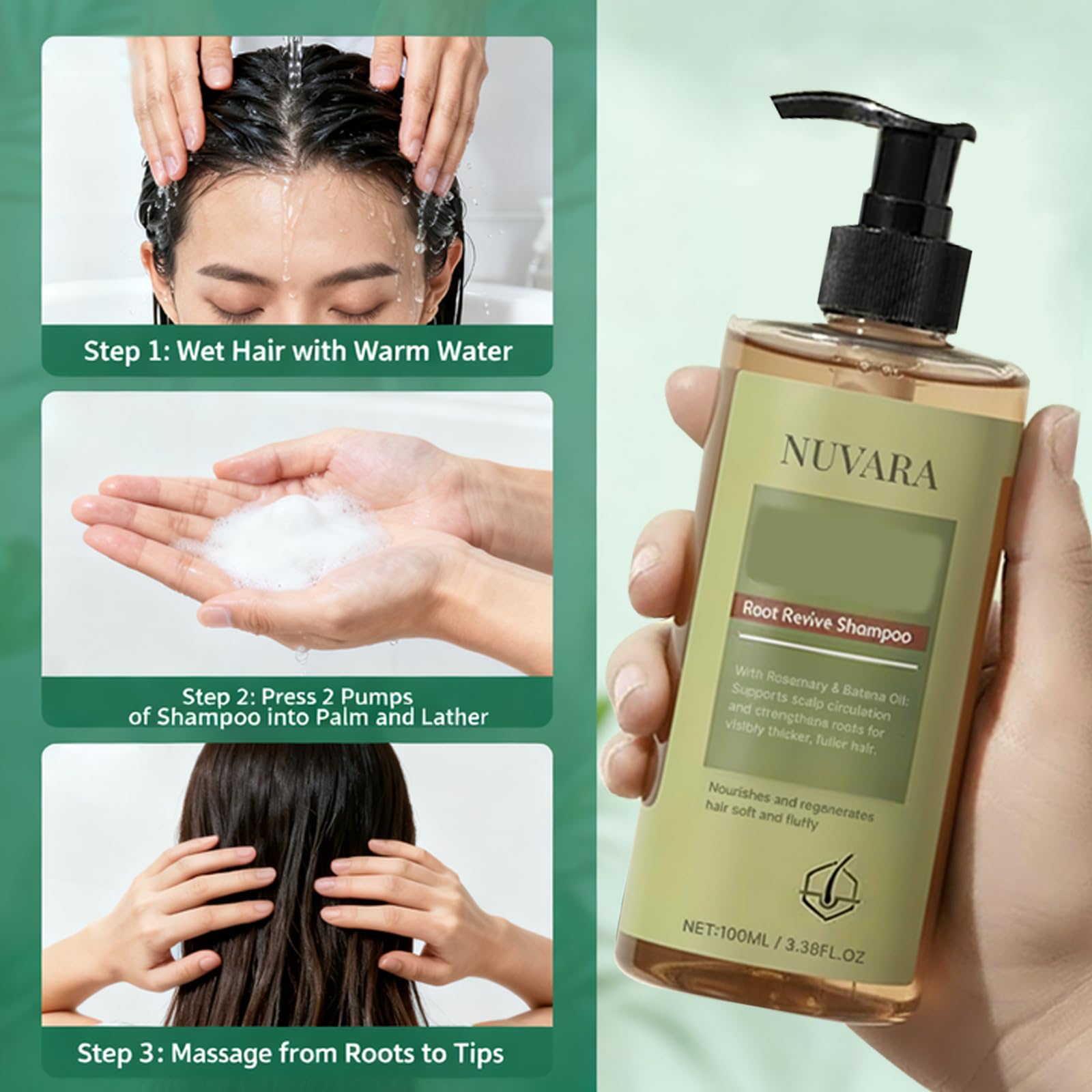 Scalp care routine featuring Nuvara alongside rosemary oil, illustrating daily use.