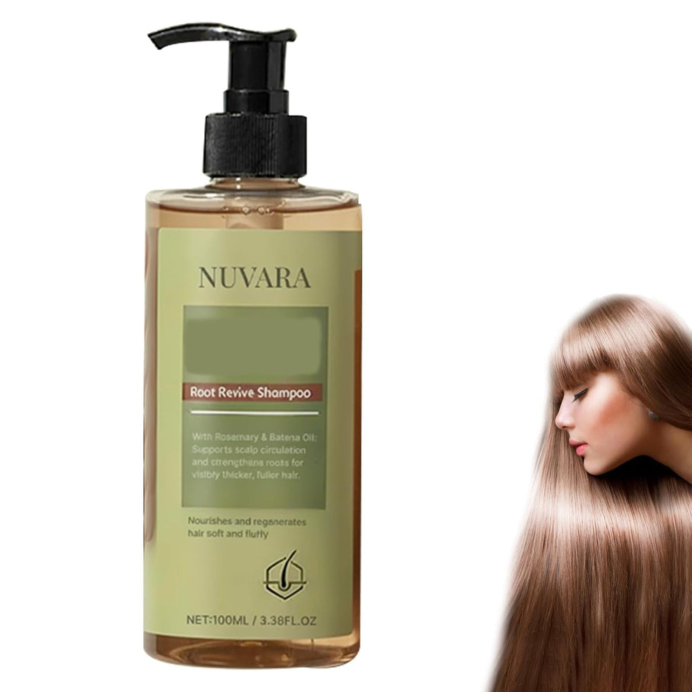 WOBDAK Nuvara Root Revival Shampoo bottle on a clean sink for refreshed scalp.