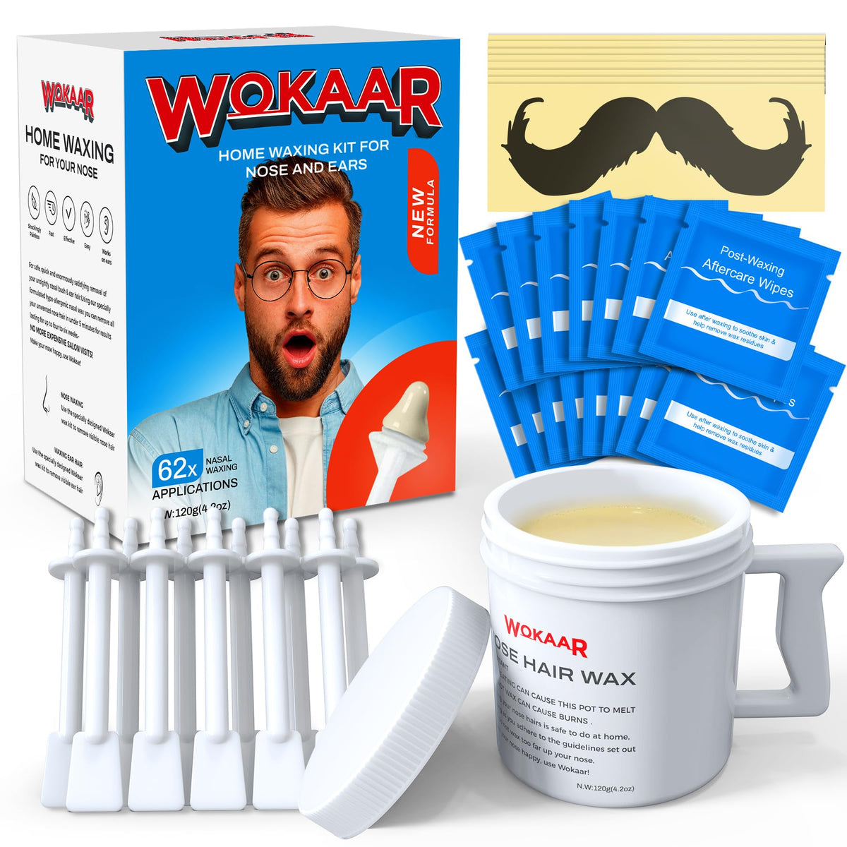 Wokaar Super Nose Wax Kit for Men with 120g wax and 30 applicators for quick, smooth waxing.