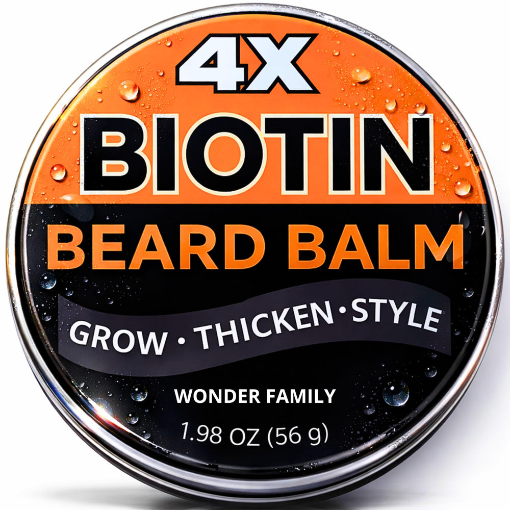 Wonder Family Biotin Beard Balm tin close-up showing deep conditioning for dry beard
