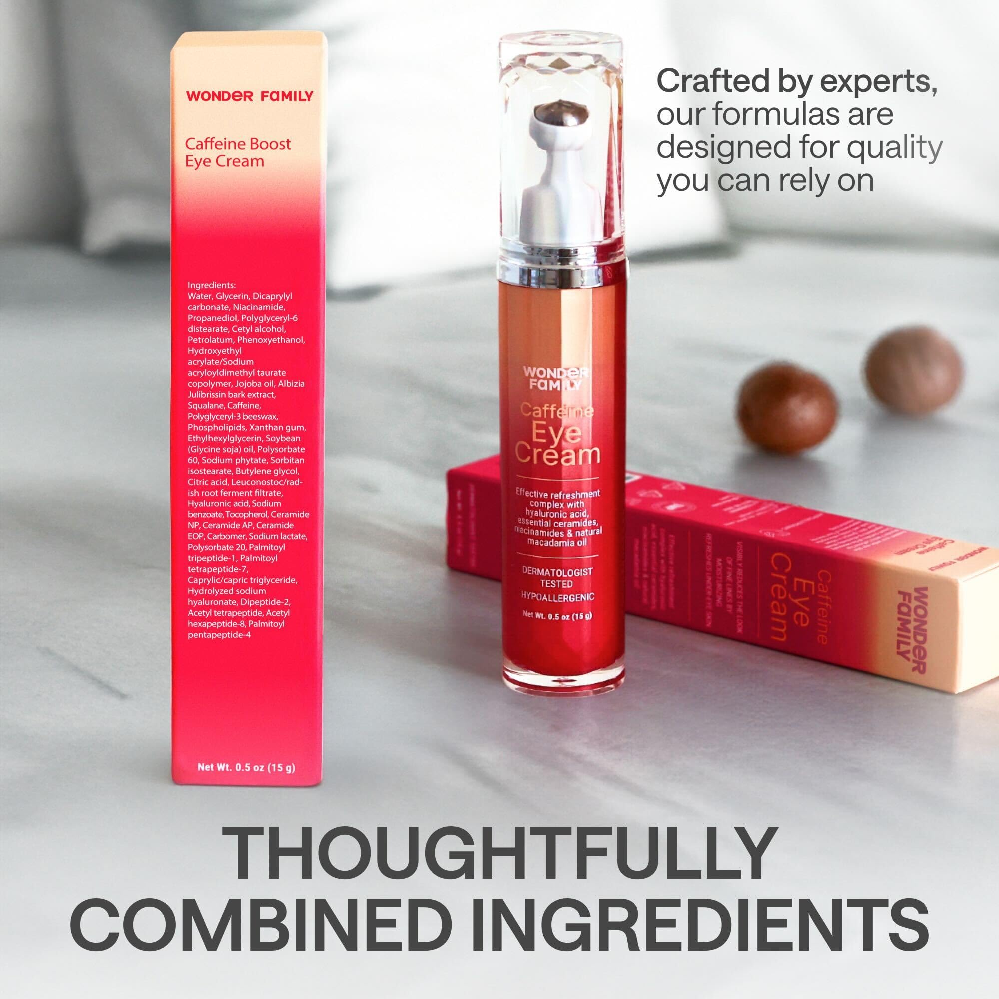WONDER FAMILY caffeine eye roller packaging close-up highlights non-greasy formula