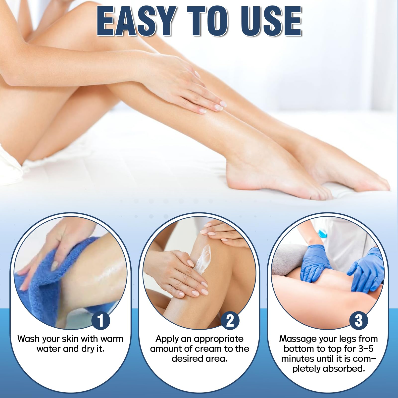 Wonshine varicose veins cream texture shown as fast-absorbing and non-greasy.