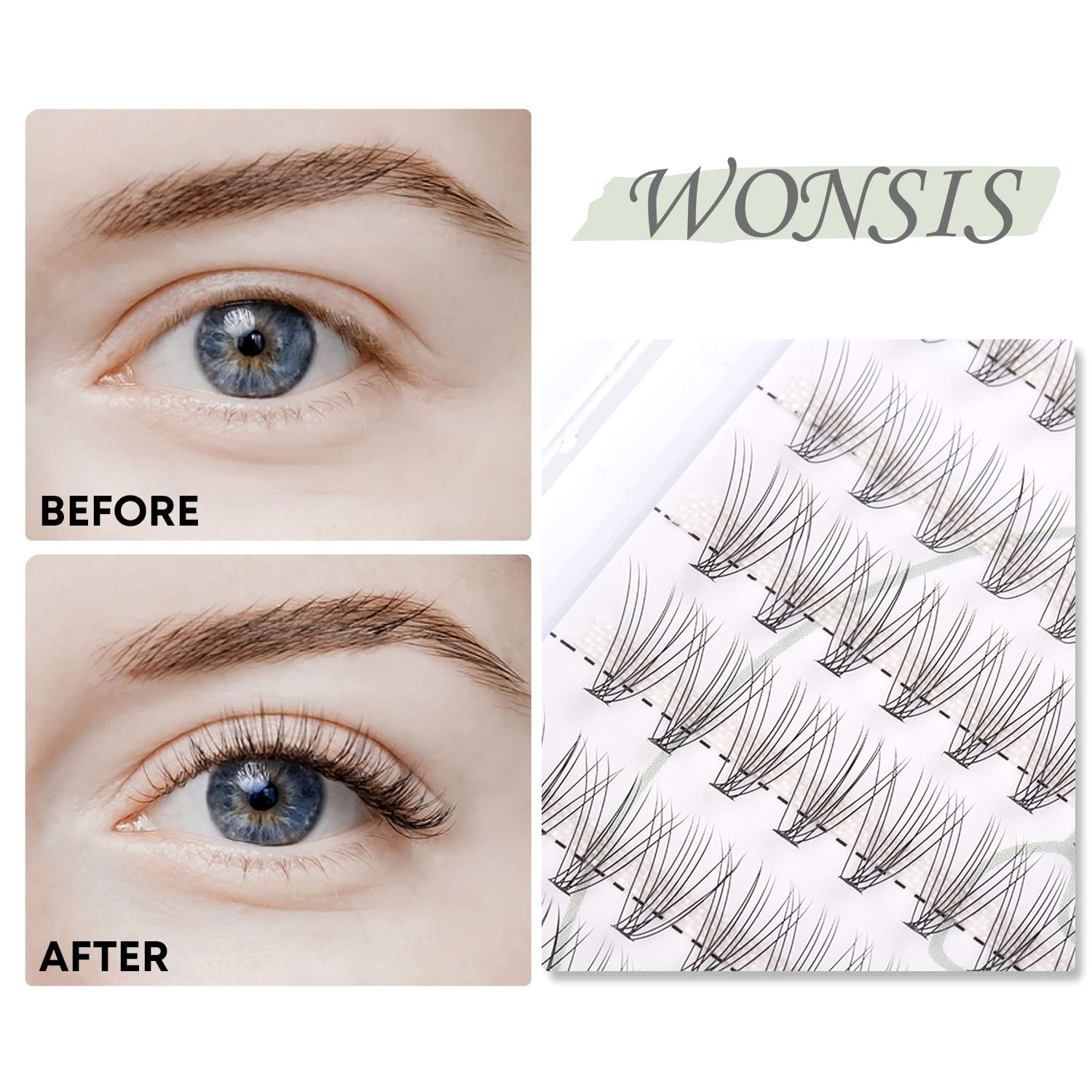 WONSIS lash clusters 12mm three-rows delivering dramatic yet natural-looking length