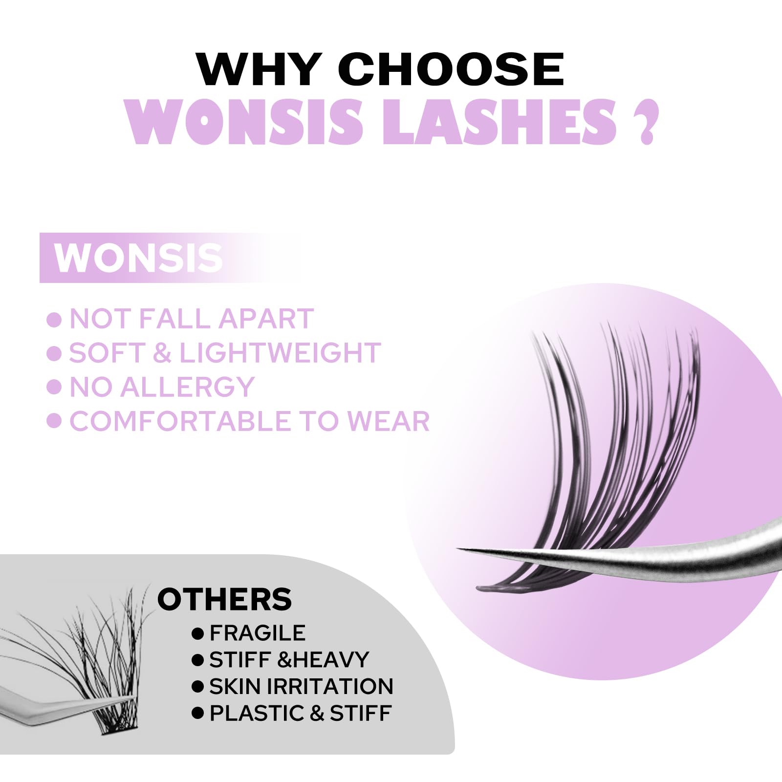WONSIS C curl lashes provide a lifted, open-eye effect