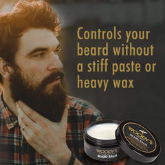 Woody's 2-in-1 beard balm jar ready for travel and on-the-go grooming.