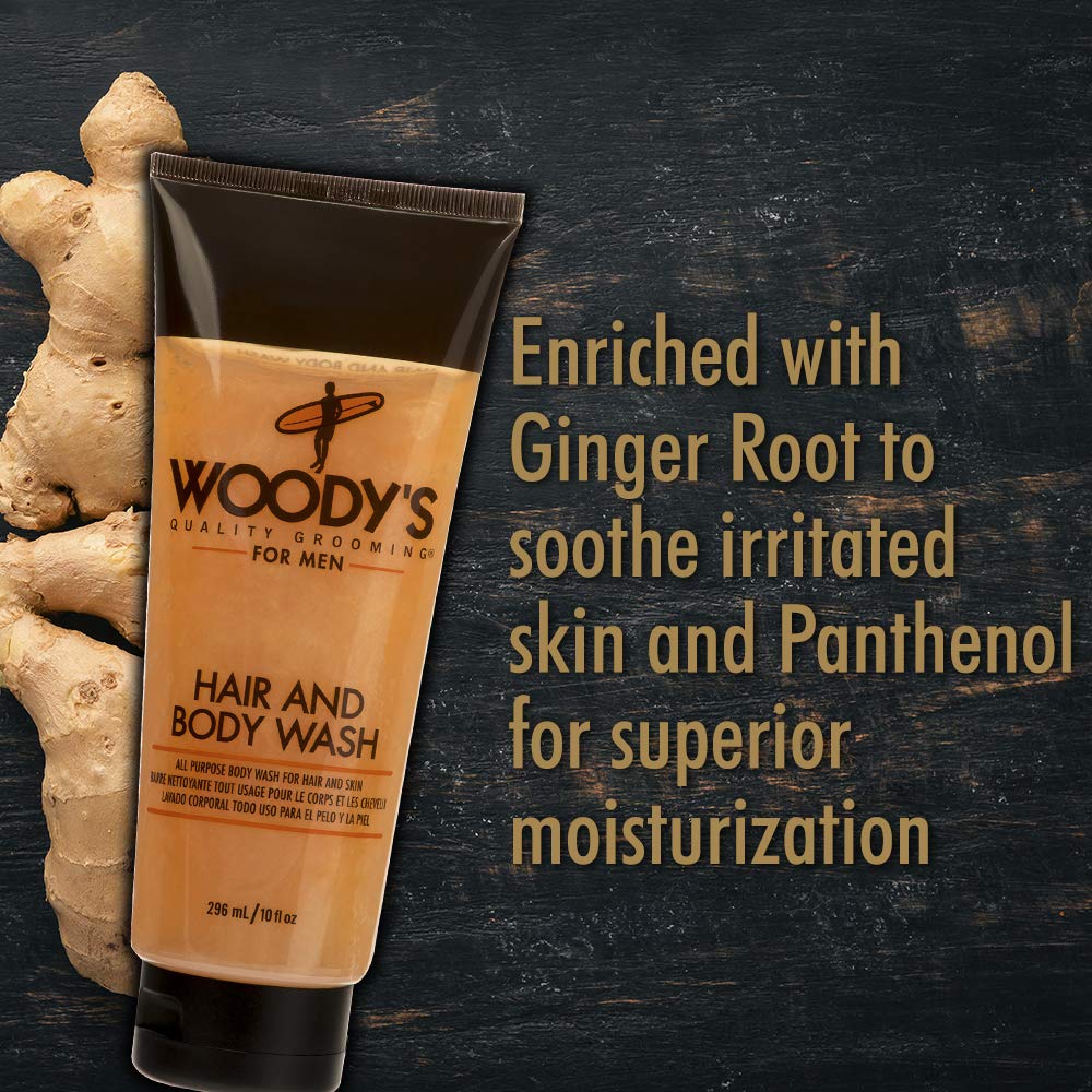 Woody's dual-action cleanser bottle promises rich lather for easy rinse.
