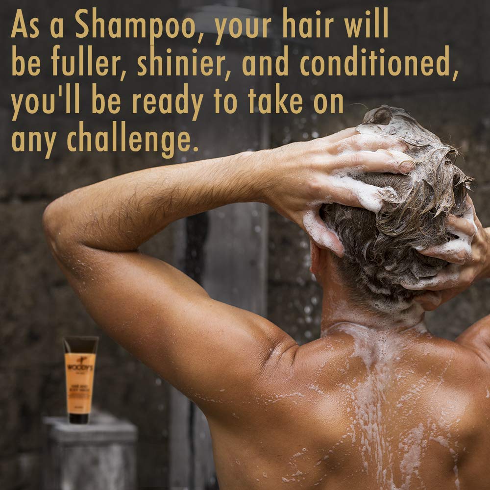 Woody's luxurious wash foam bottle suggests silky texture for skin and hair.