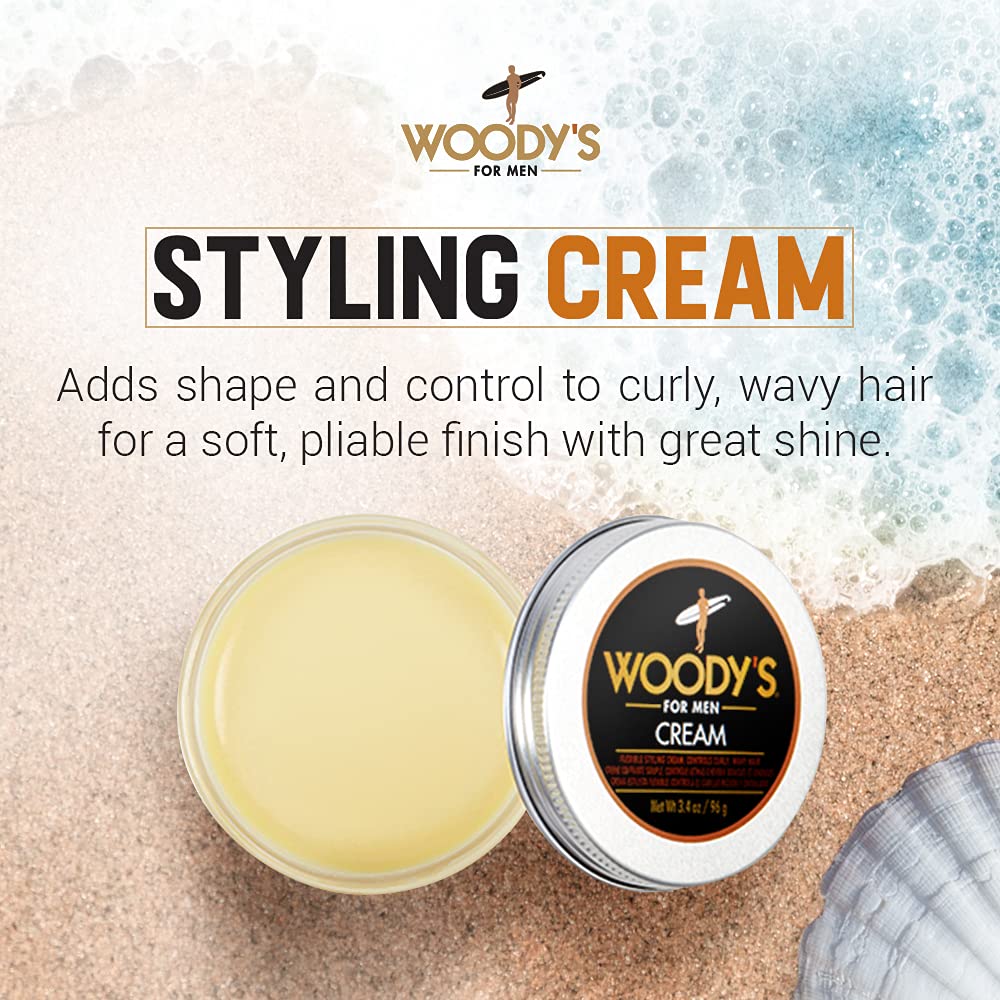 Woody's Styling Cream on damp hair defines curls without heaviness