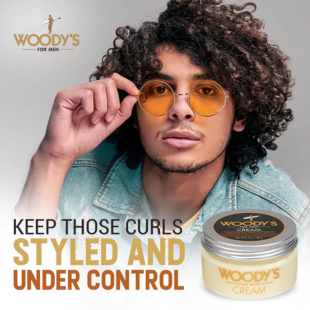 Close-up of Woody's Styling Cream on shiny, healthy-looking strands