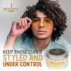 Close-up of Woody's Styling Cream on shiny, healthy-looking strands