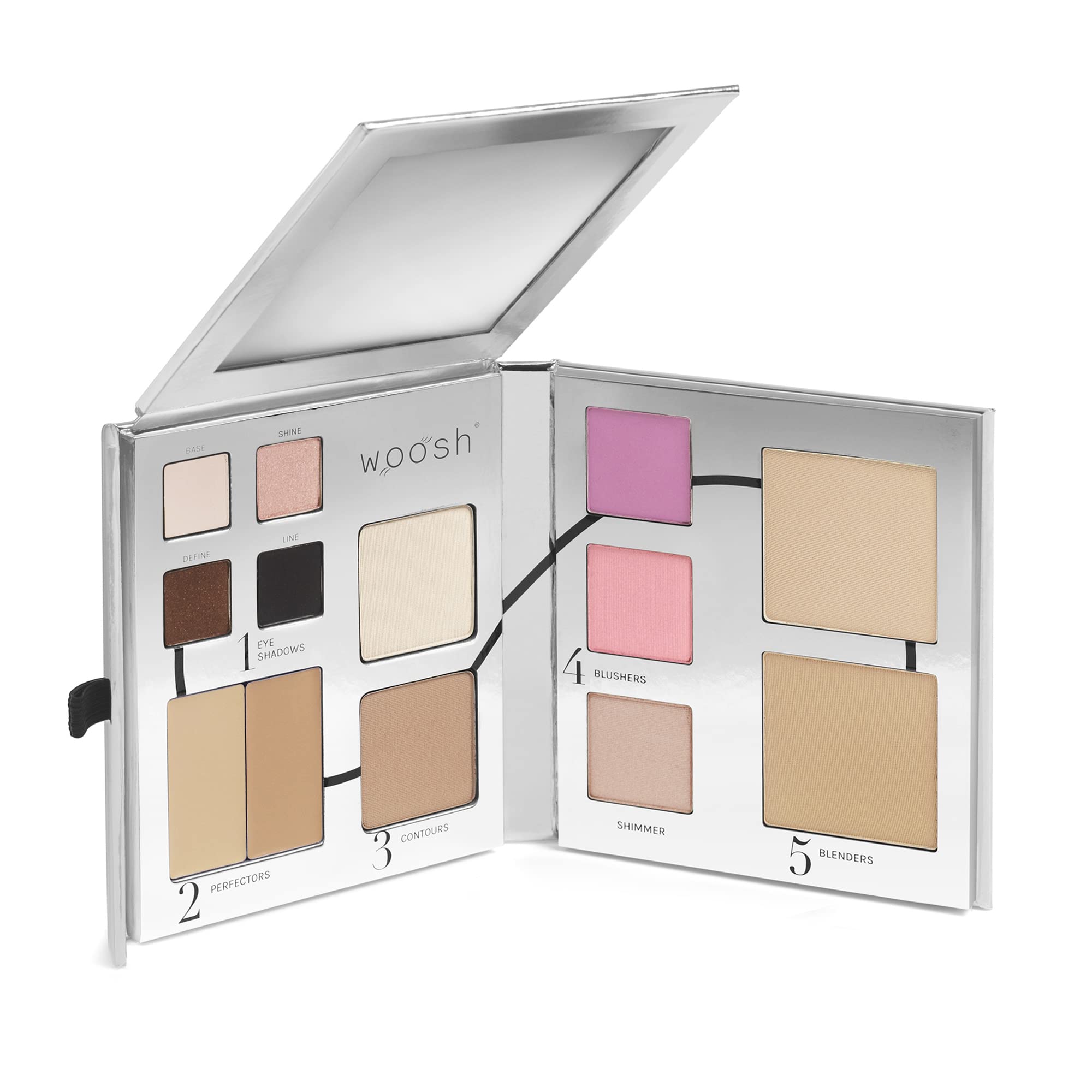 Woosh Beauty palette pliable ouverte, idéale pour maquillage rapide en déplacement.
