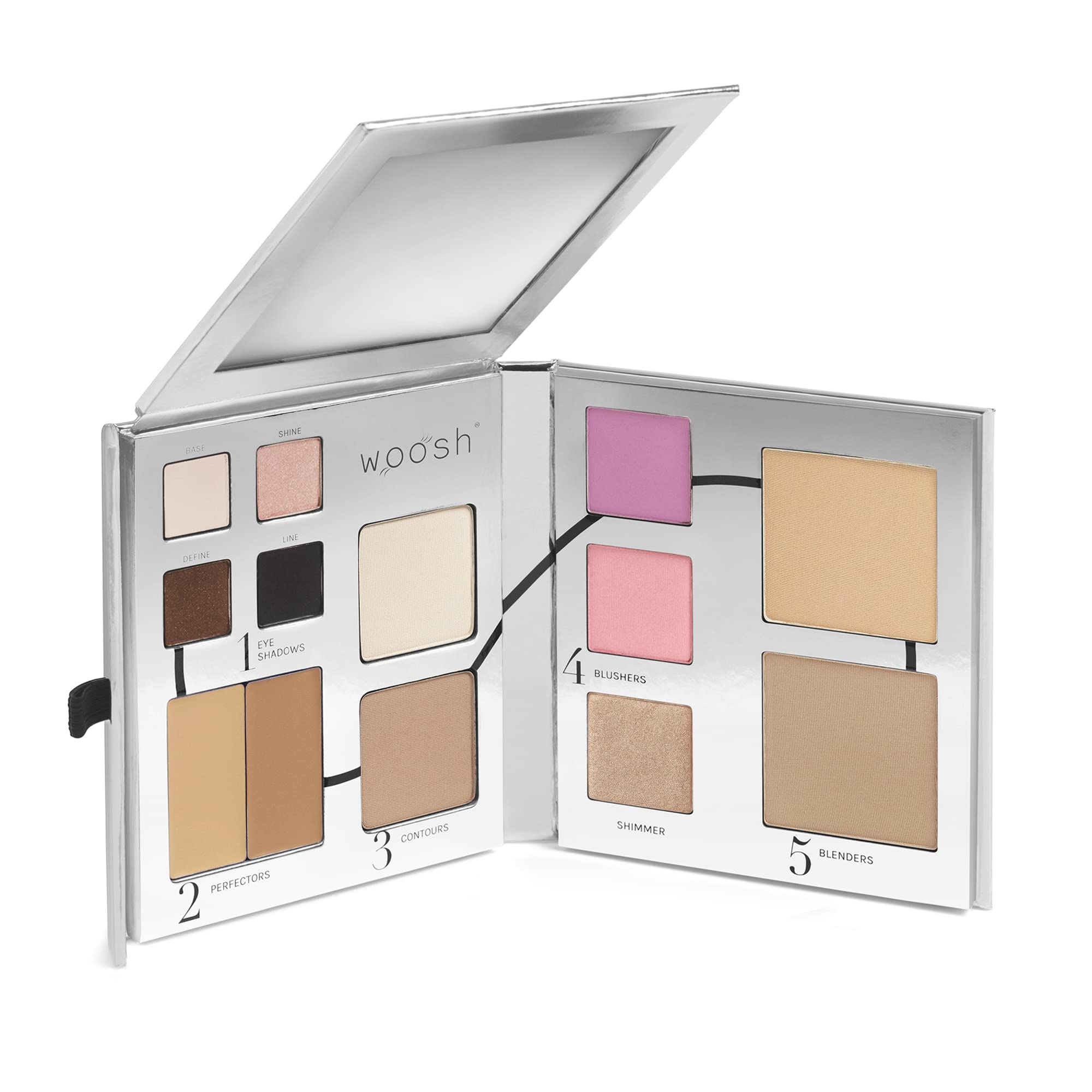 Woosh Beauty Fold Out Face Palette open with 13 items for on-the-go makeup