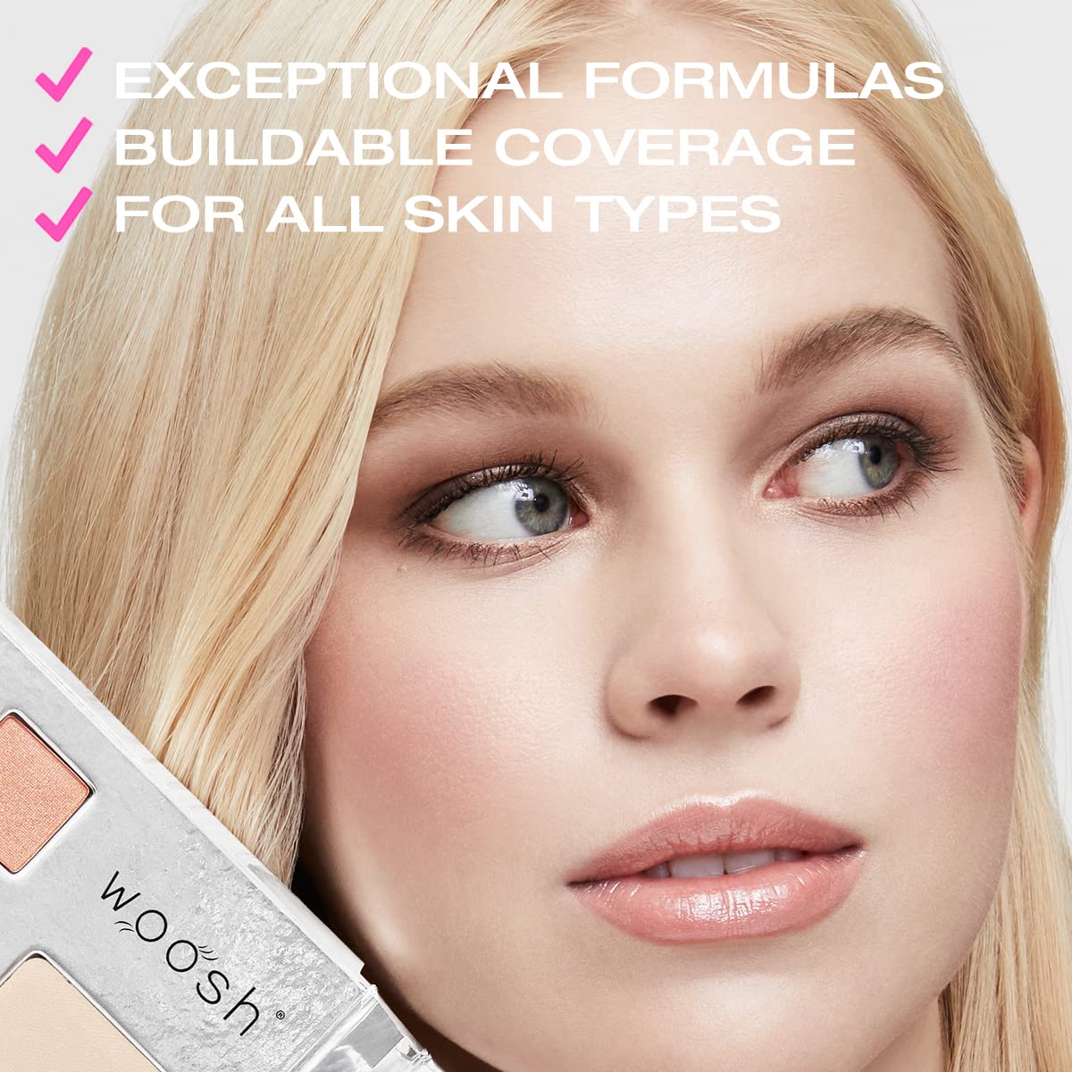 Woosh blush powders pink coral for natural flush of color.
