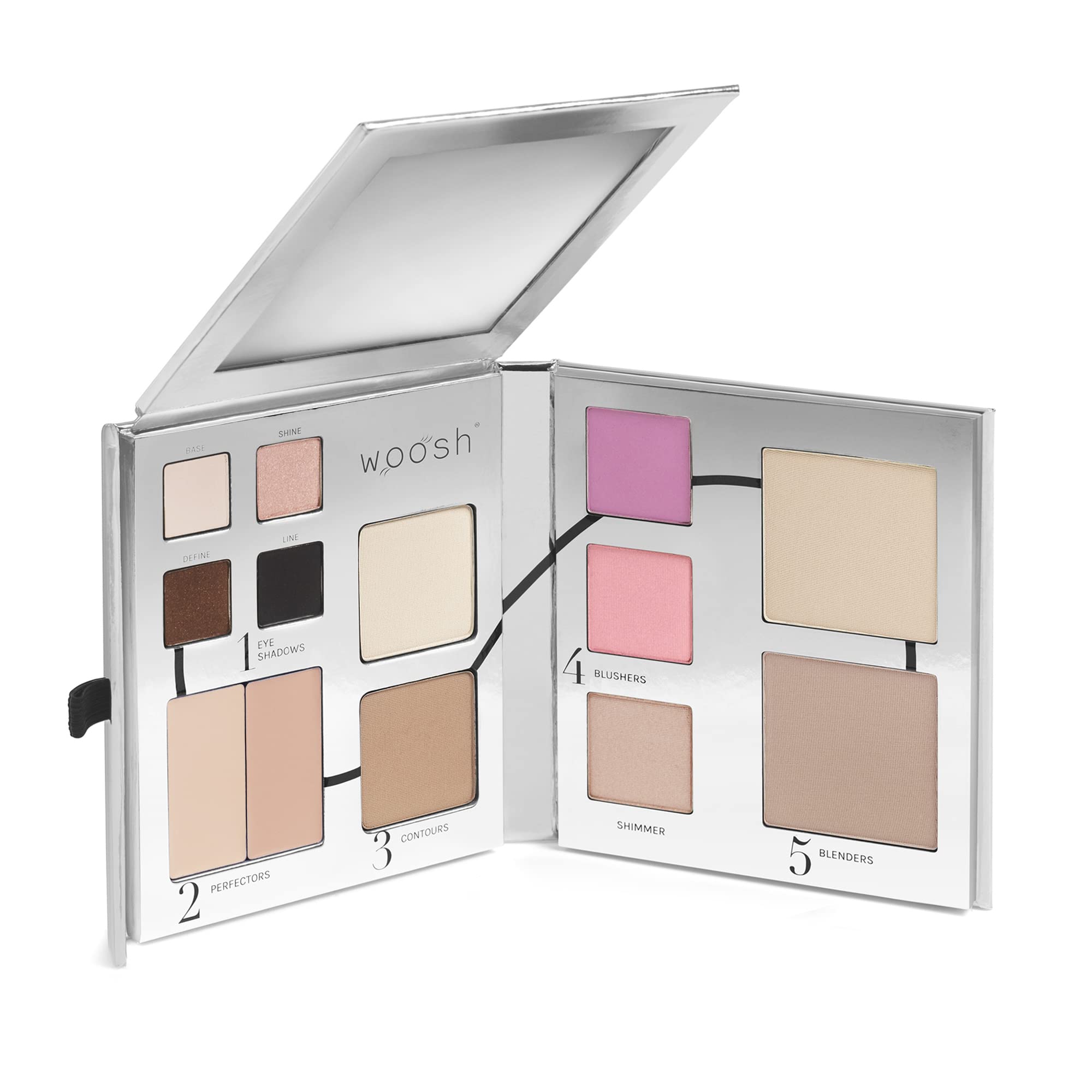 Woosh Fold Out Face Palette in closed case, compact travel-ready makeup solution.