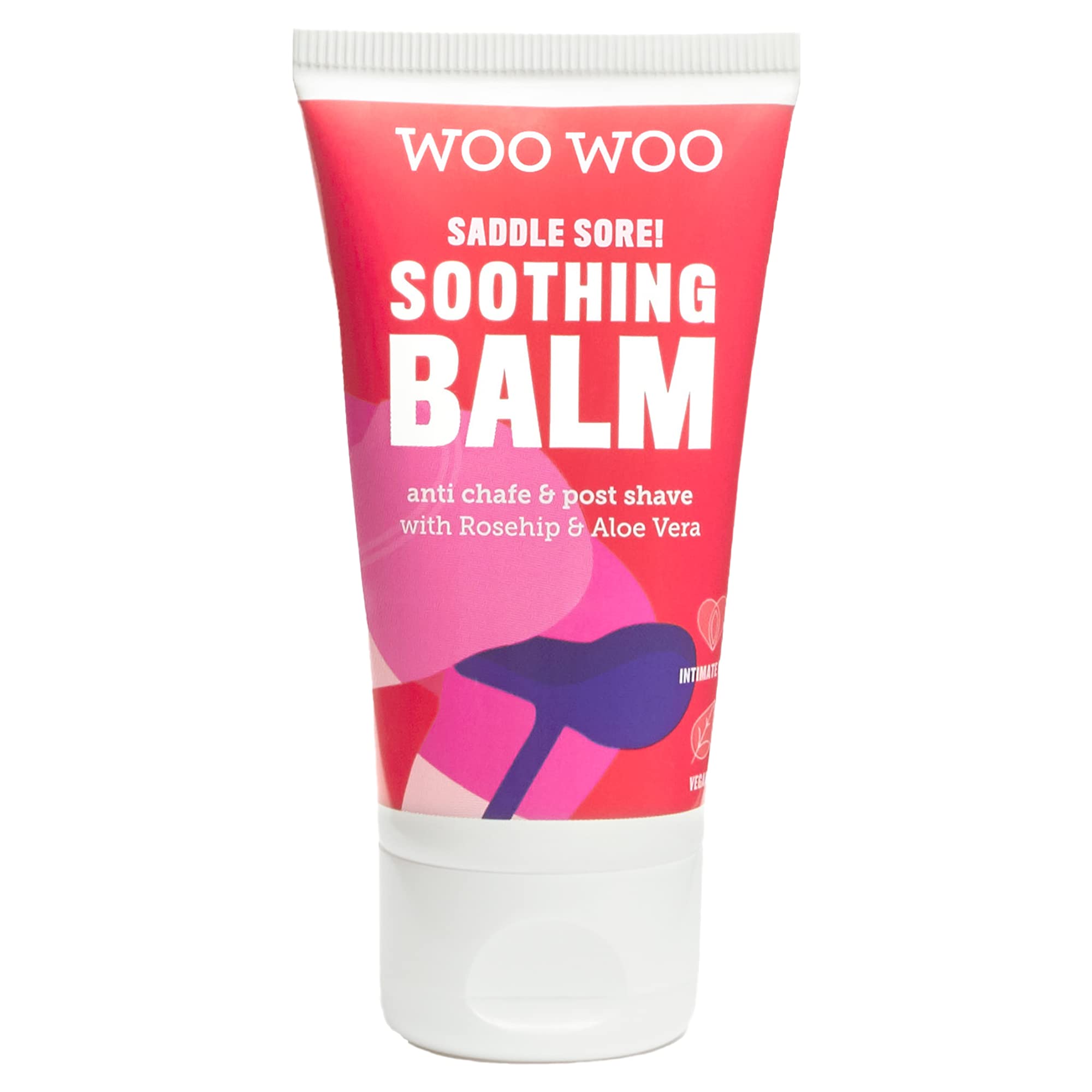 WOOWOO Saddle Sore Balm packaging highlights vegan formula for post-shave care