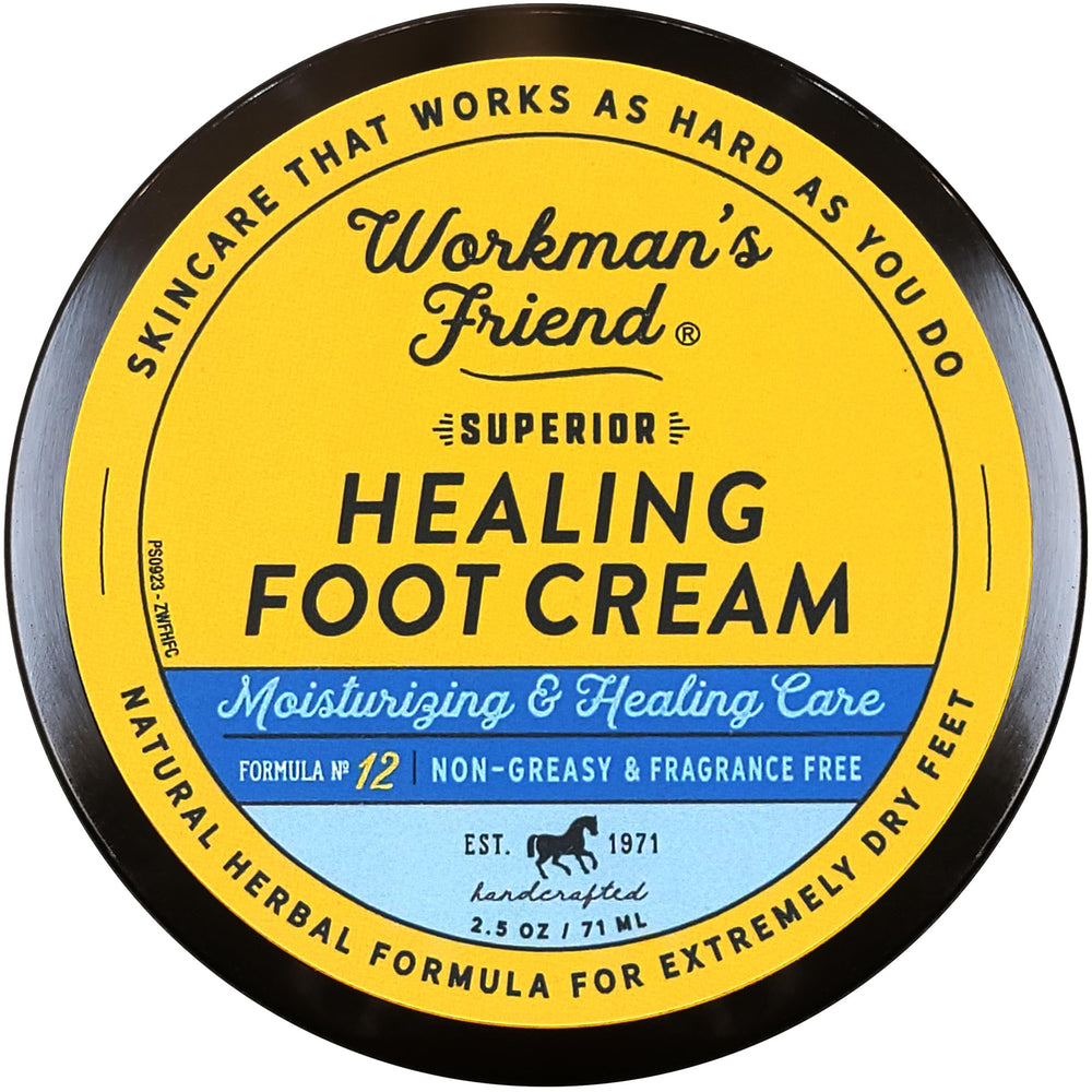 WORKMAN'S FRIEND Superior Healing Foot Cream jar showing rich, hydrating formula for dry feet.