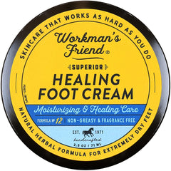 WORKMAN'S FRIEND Superior Healing Foot Cream jar showing rich, hydrating formula for dry feet.