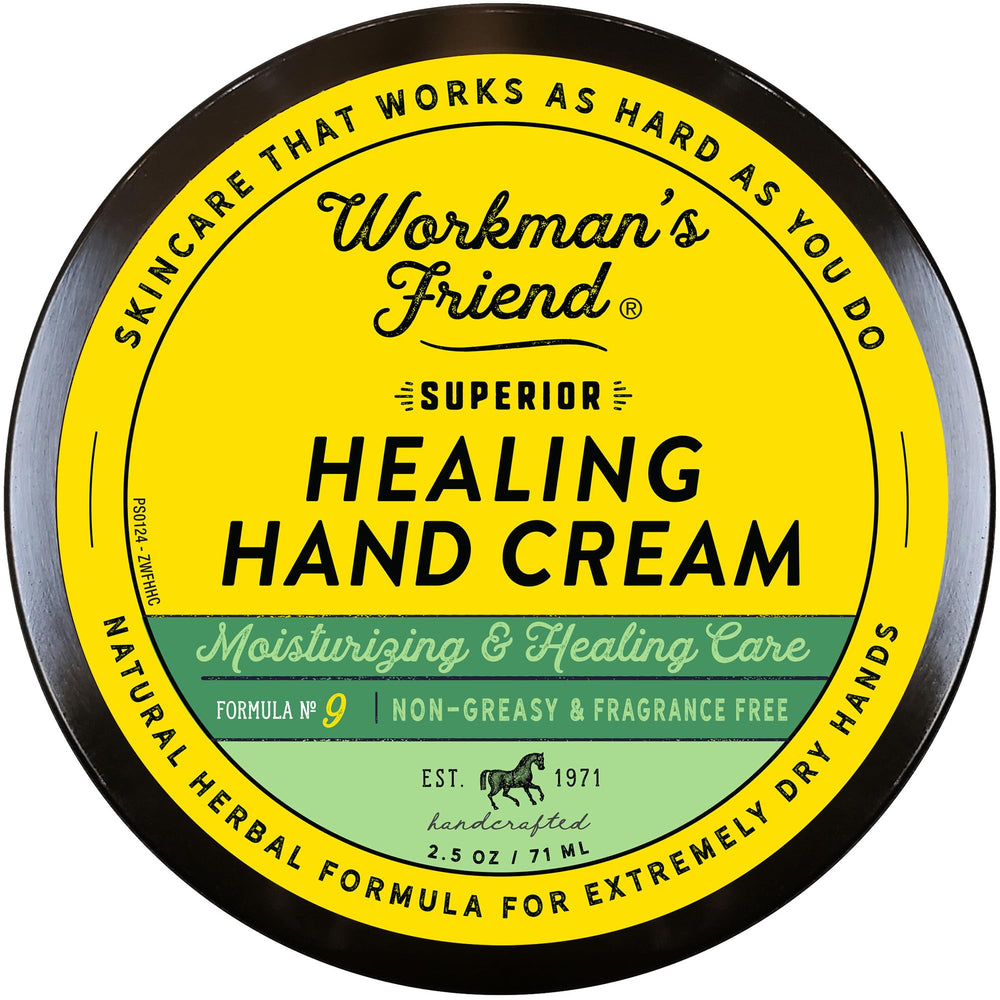 WORKMAN'S FRIEND Healing Hand Cream bottle close-up showing deep moisturizing for dry hands.