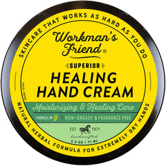 WORKMAN'S FRIEND Healing Hand Cream bottle close-up showing deep moisturizing for dry hands.