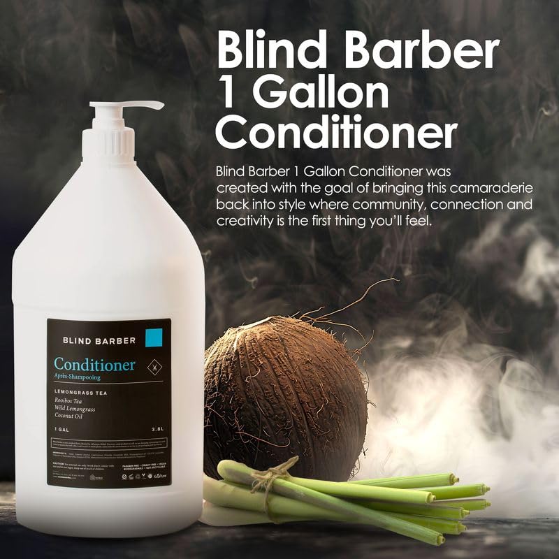 World Amenities Blind Barber conditioner on bathroom shelf with a refreshing aroma.