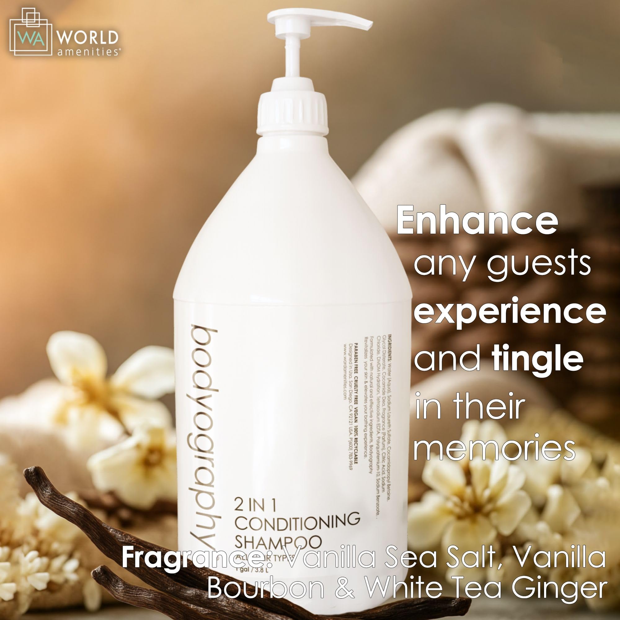 World Amenities Bodyography cruelty-free label on 2-in-1 shampoo.