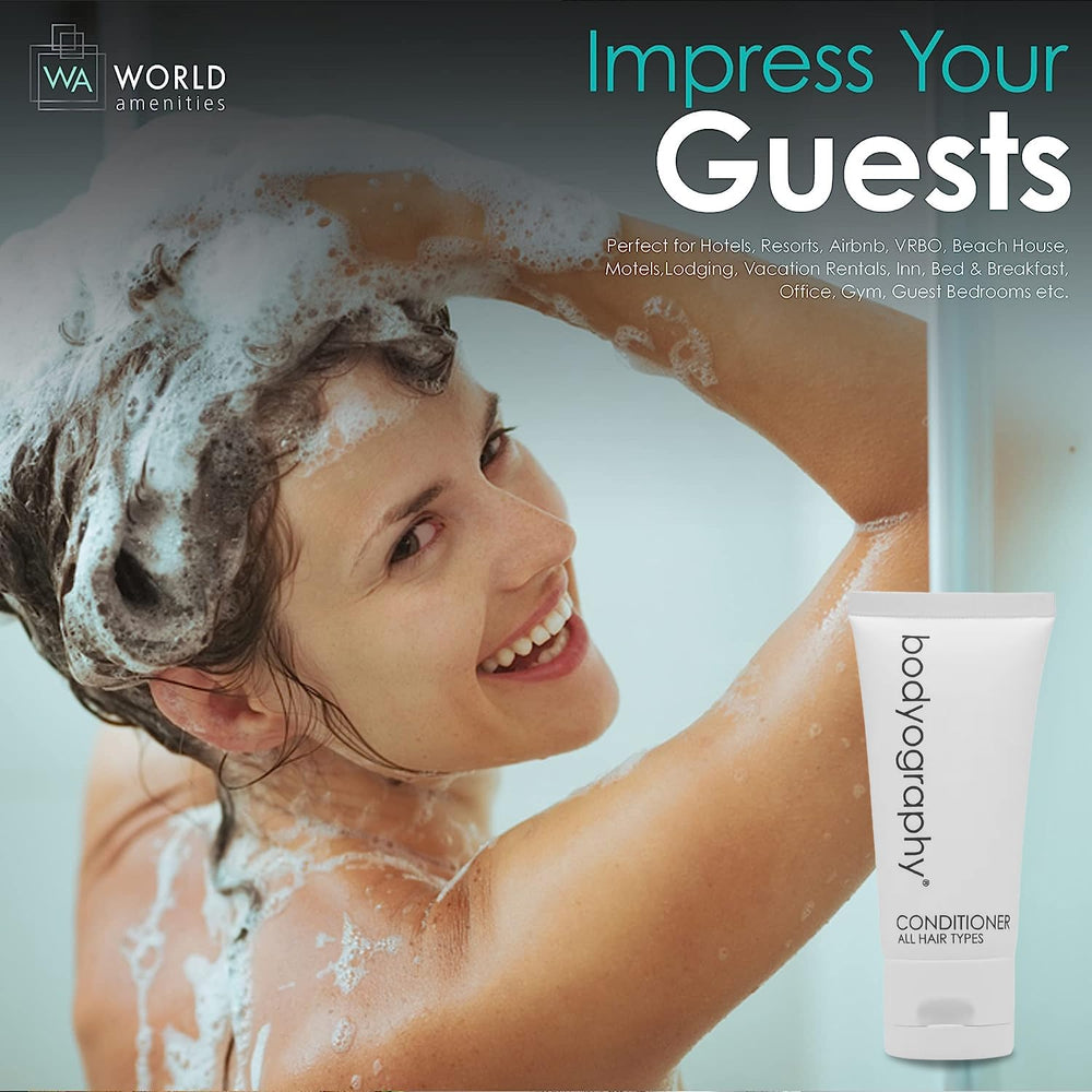 World Amenities Bodyography Blanc bulk packaging on display for restocking hotels