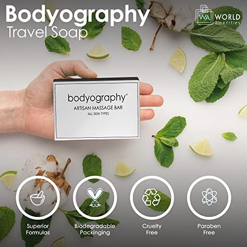 World Amenities Bodyography Blanc mini travel-size bar is compact for travel.