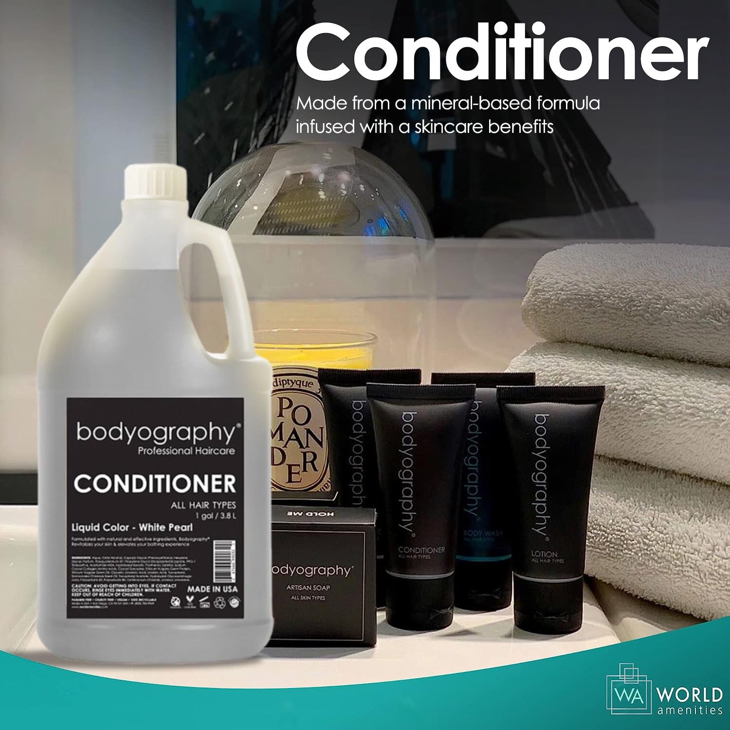 World Amenities Bodyography Conditioner helps smooth frizz for easier styling.