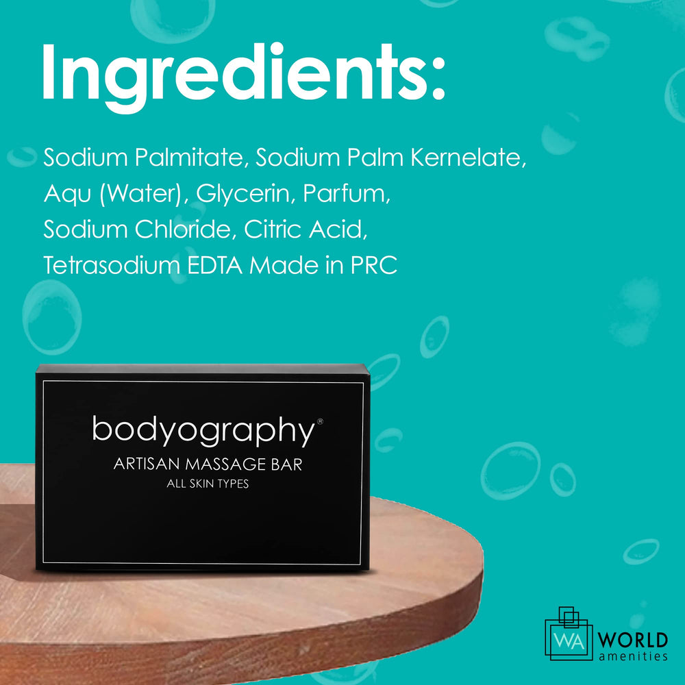 Bulk 50-count World Amenities Bodyography travel soap for hotel turnover.