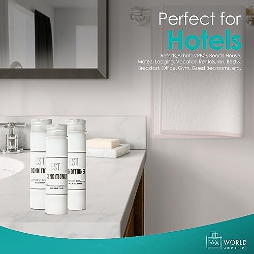 World Amenities EST. Conditioner back label reveals ingredients and usage tips