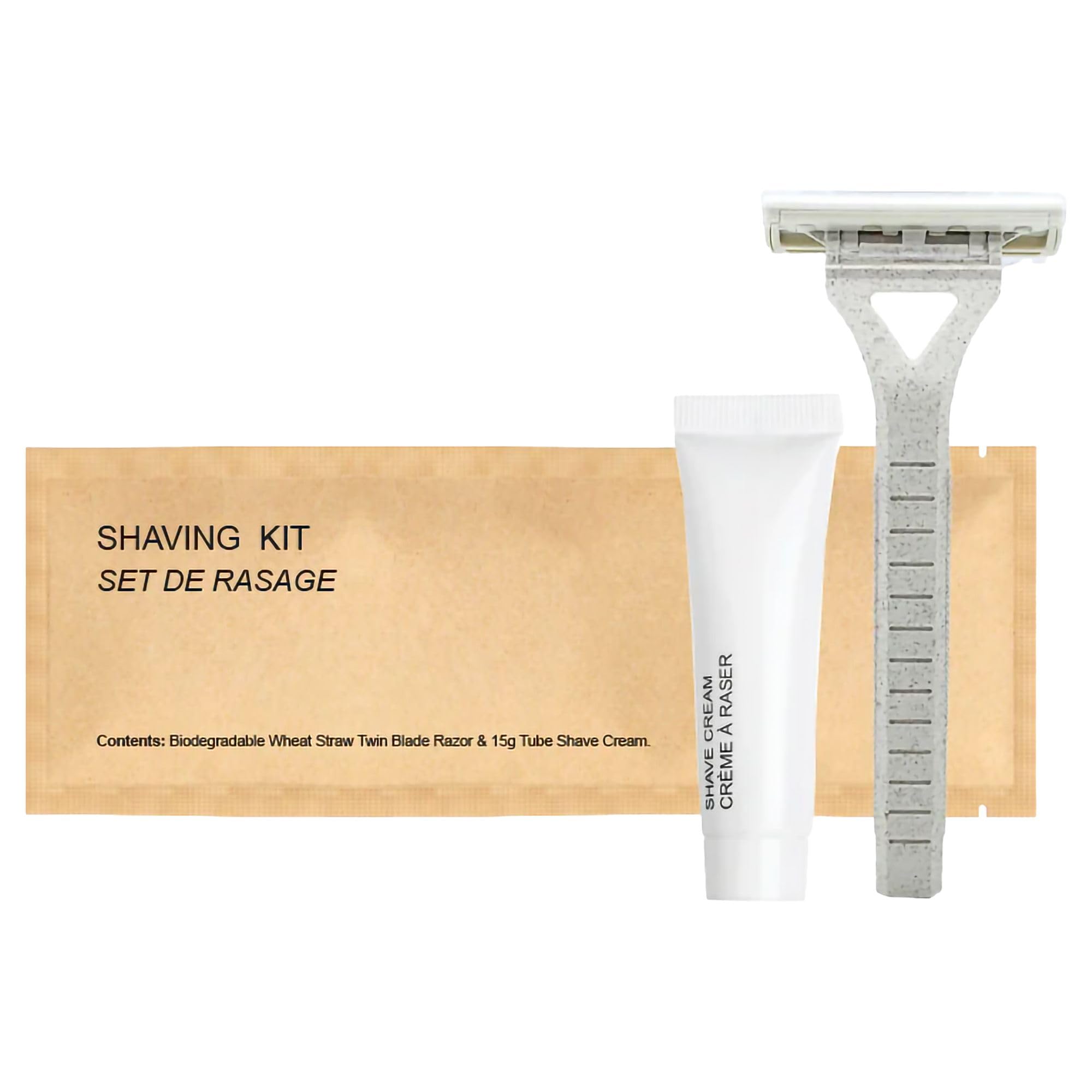 World Amenities kraft paper shave kit packaging highlights sustainable design for travelers.