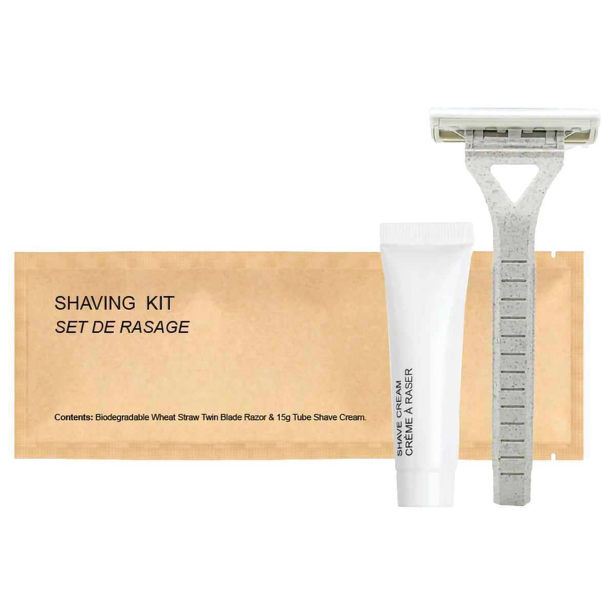 World Amenities kraft paper shave kit travel pack shown for on-the-go grooming