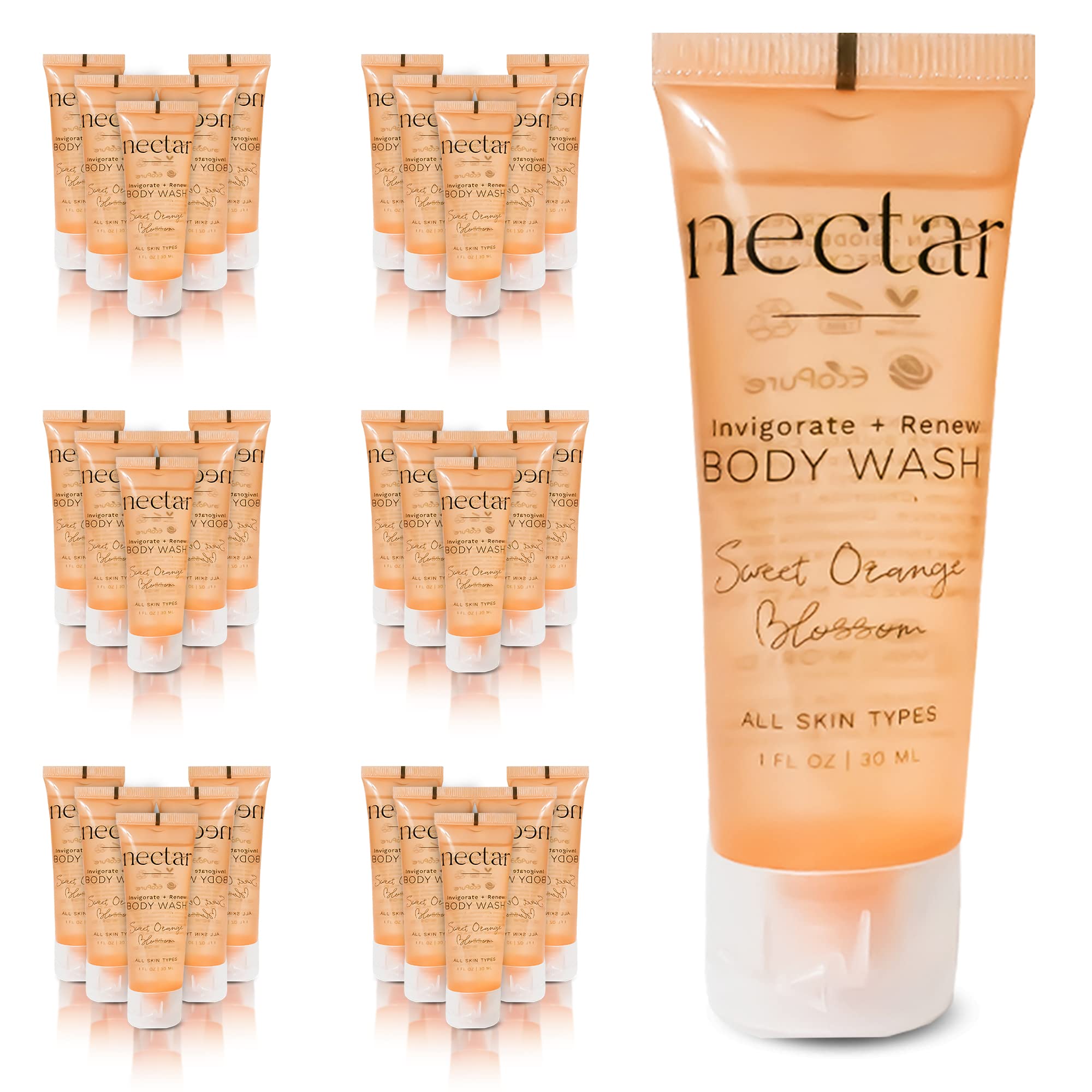 World Amenities Nectar bottle pour shows a refreshing bath ritual with orange blossom scent