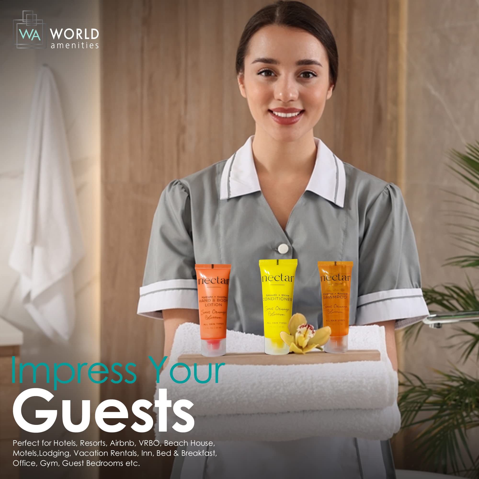 World Amenities Nectar conditioner detangles and nourishes hair for all guests