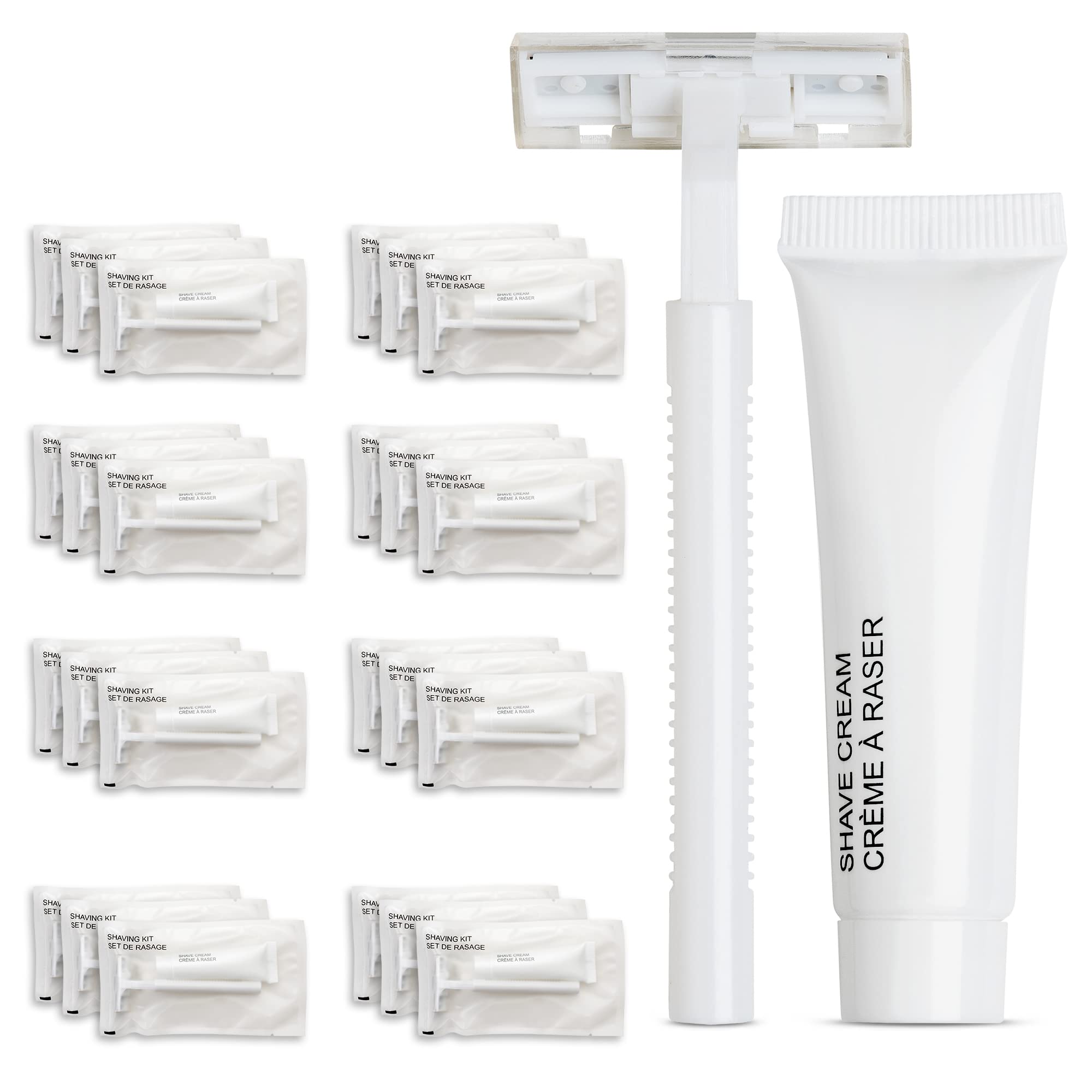World Amenities shave kit in a clear frosted sachet for guest convenience.