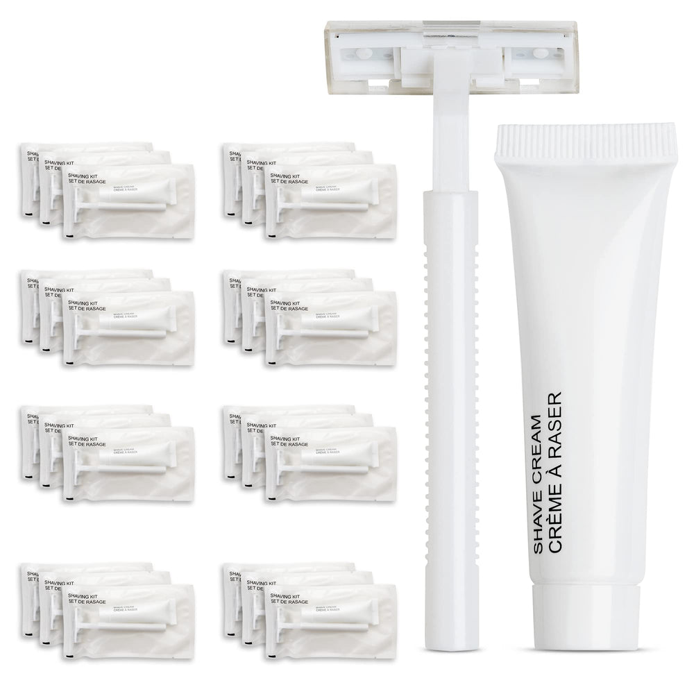 World Amenities shave kit in a clear frosted sachet for guest convenience.