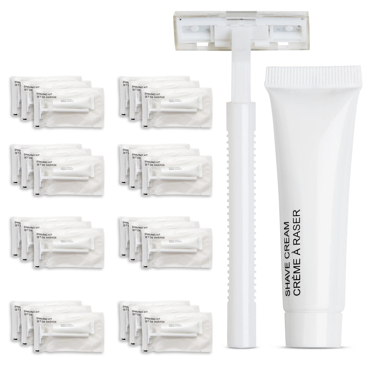 World Amenities shave kit in a clear frosted sachet for guest convenience.