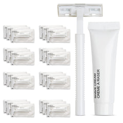 World Amenities shave kit in a clear frosted sachet for guest convenience.