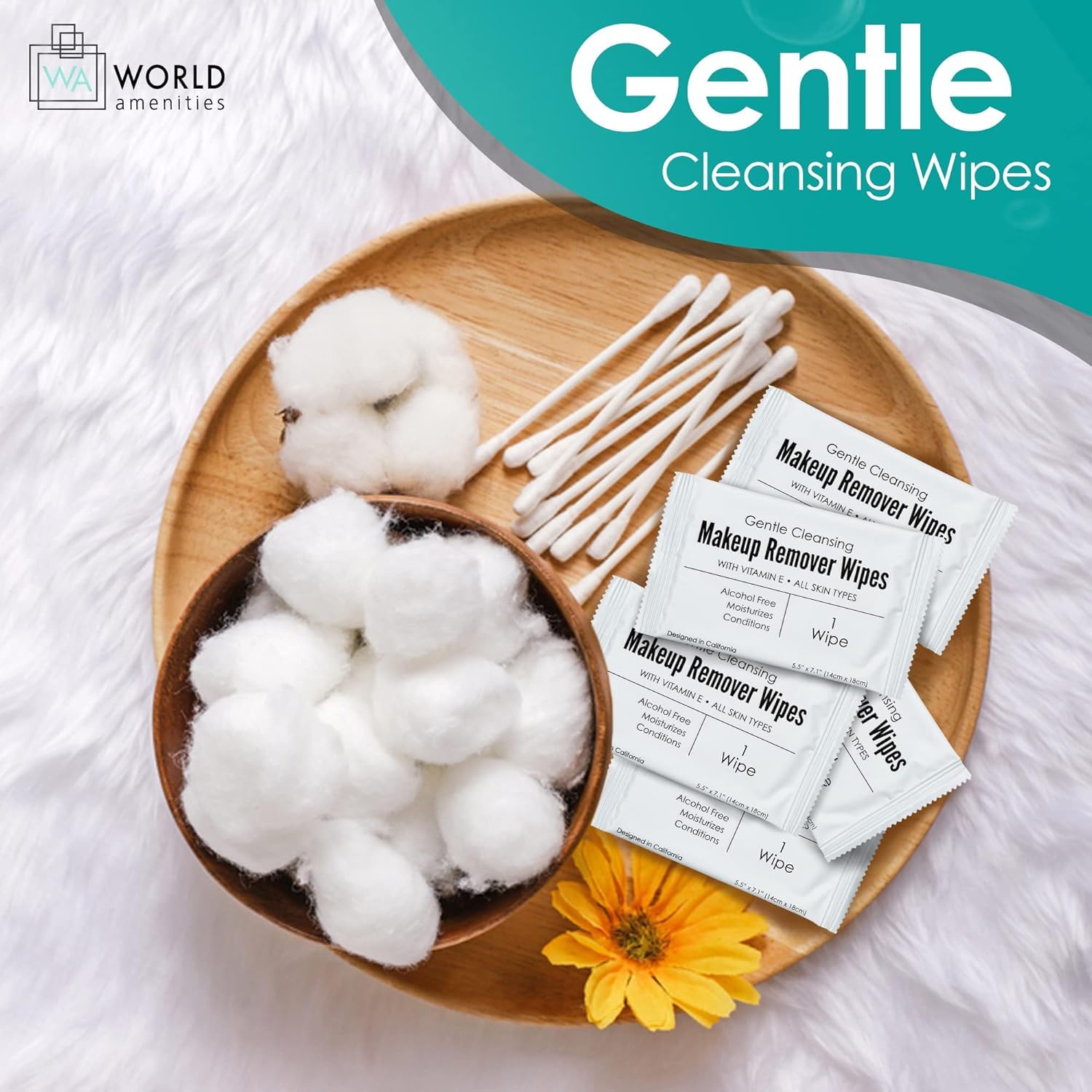 World Amenities vitamin E-enriched wipes soothe and refresh skin while cleansing