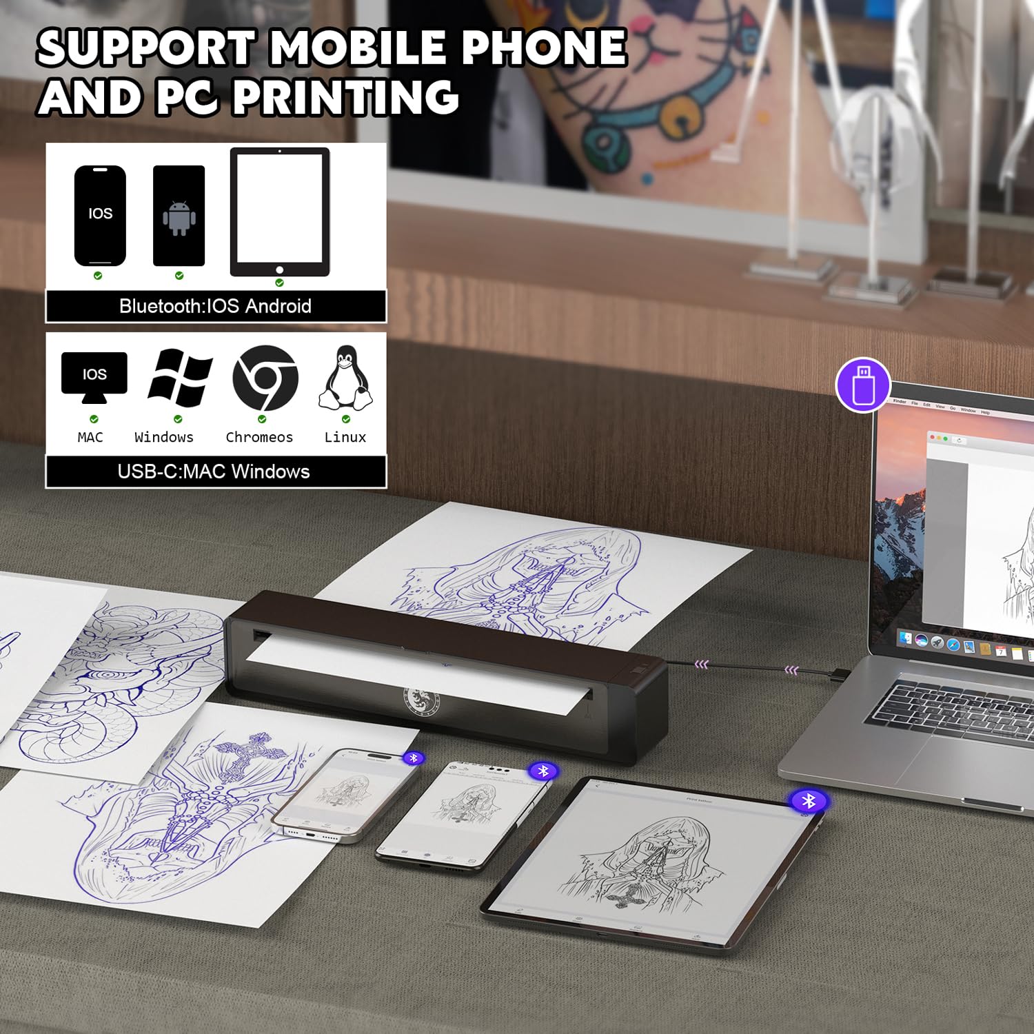 Wormhole Tattoo stencil printer app control, easy image upload and sizing.