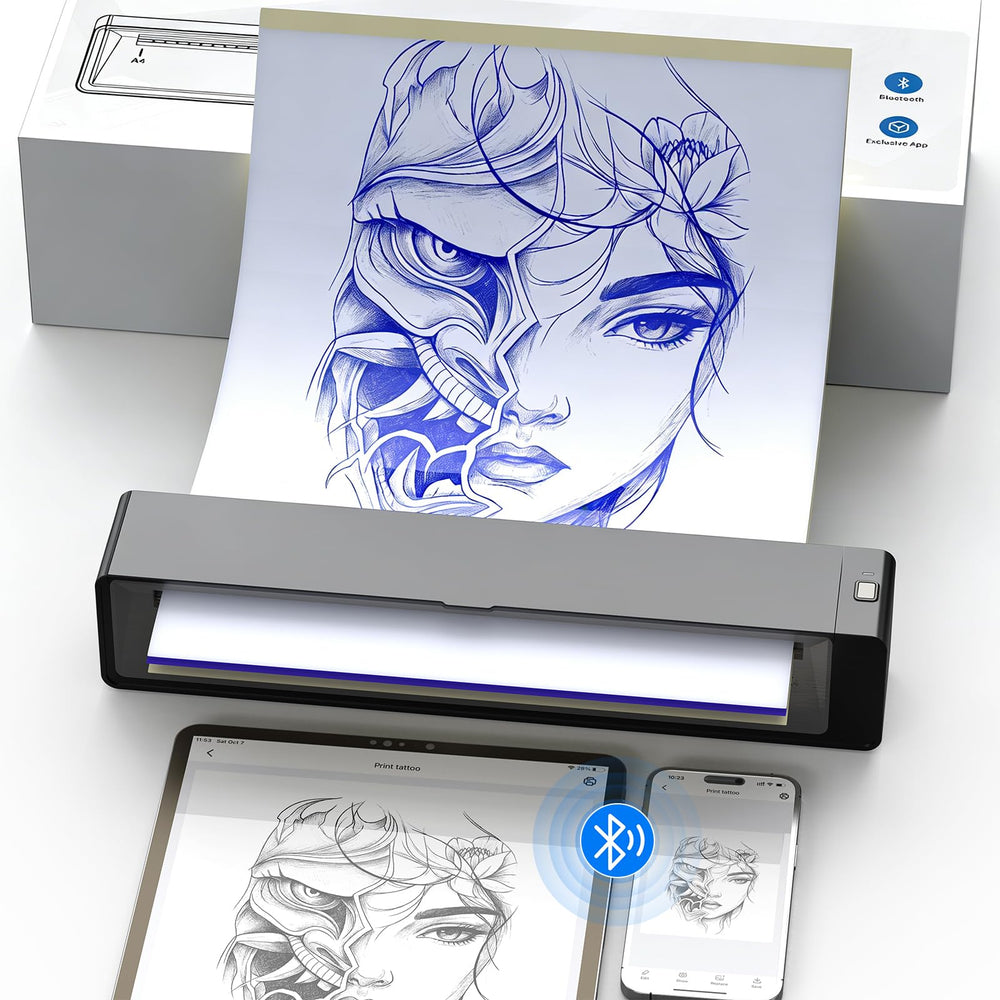 Wormhole Tattoo stencil printer, front view, portable for on-the-go artists.