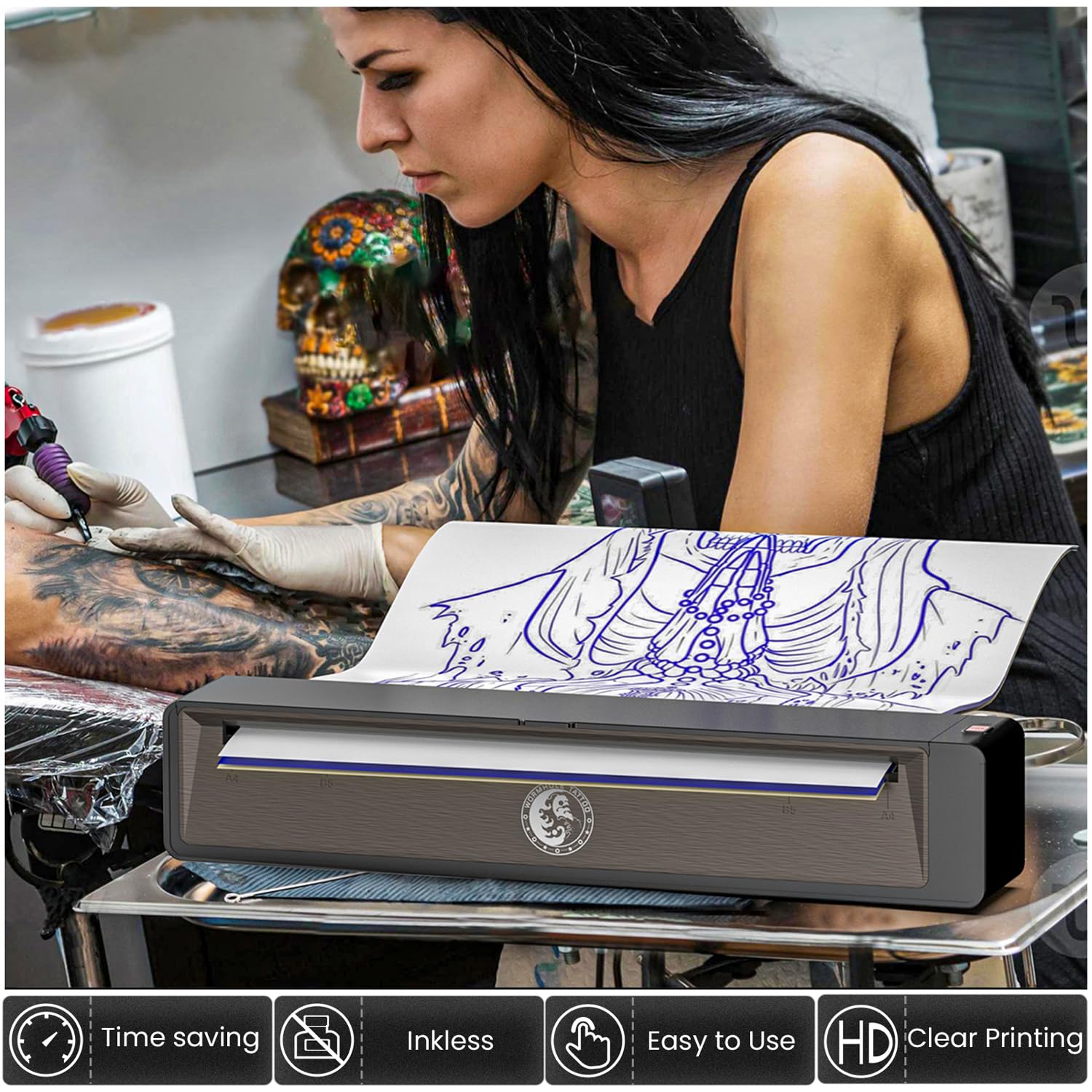 Wormhole Tattoo stencil printer inkless thermal printing reduces cleanup.