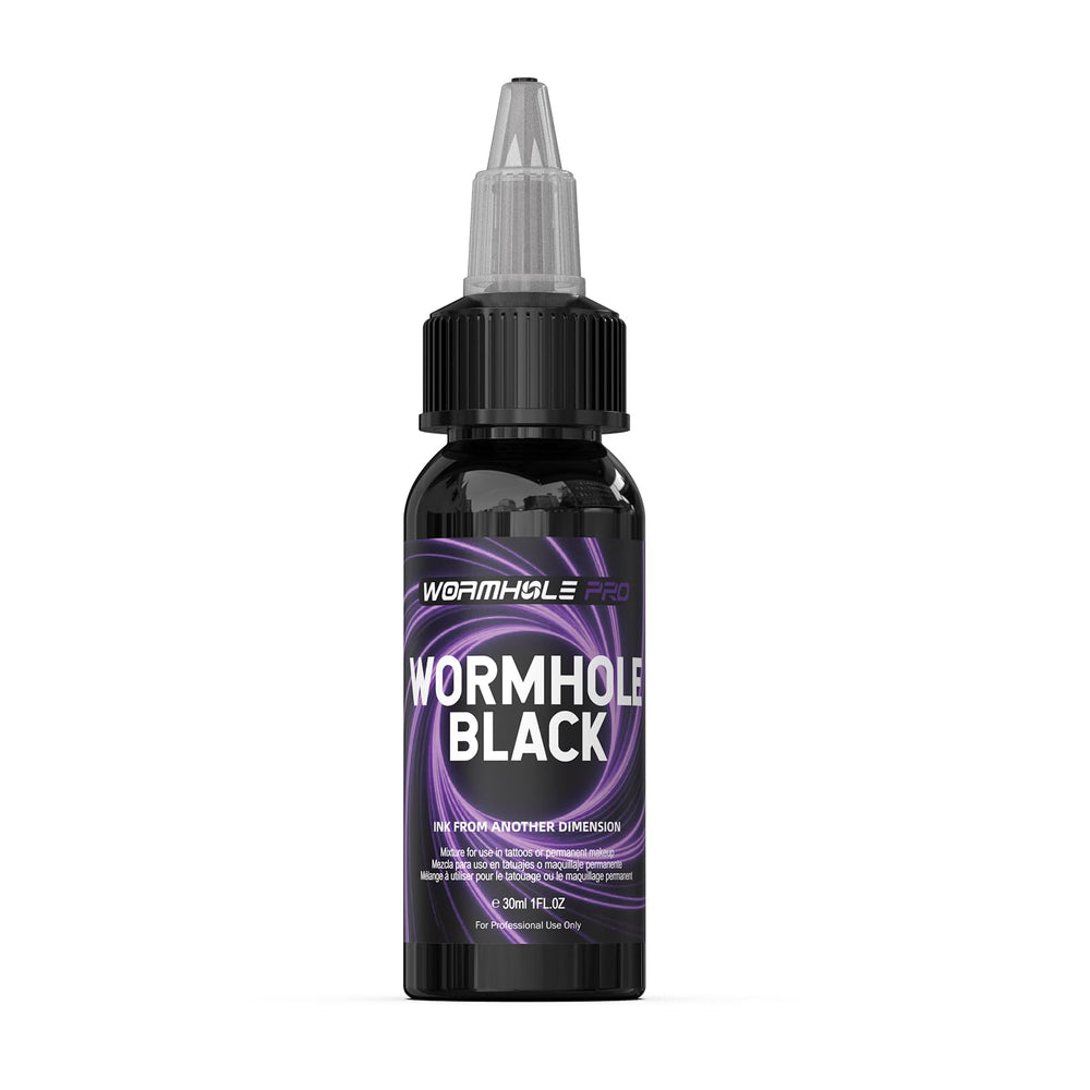 WORMHOLEPRO black tattoo ink bottle shown for precise outlining and deep shading.