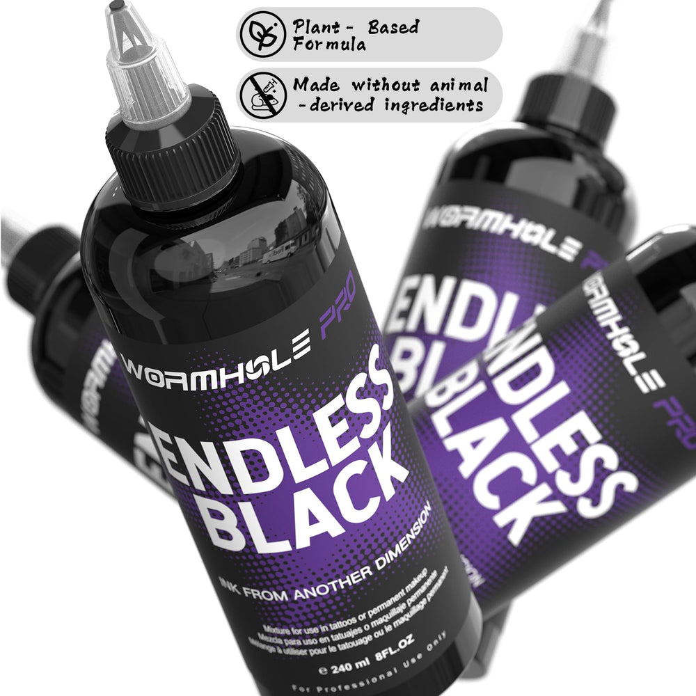 WORMHOLEPRO Endless Black bottle pour demonstrates smooth flow for consistent ink delivery.