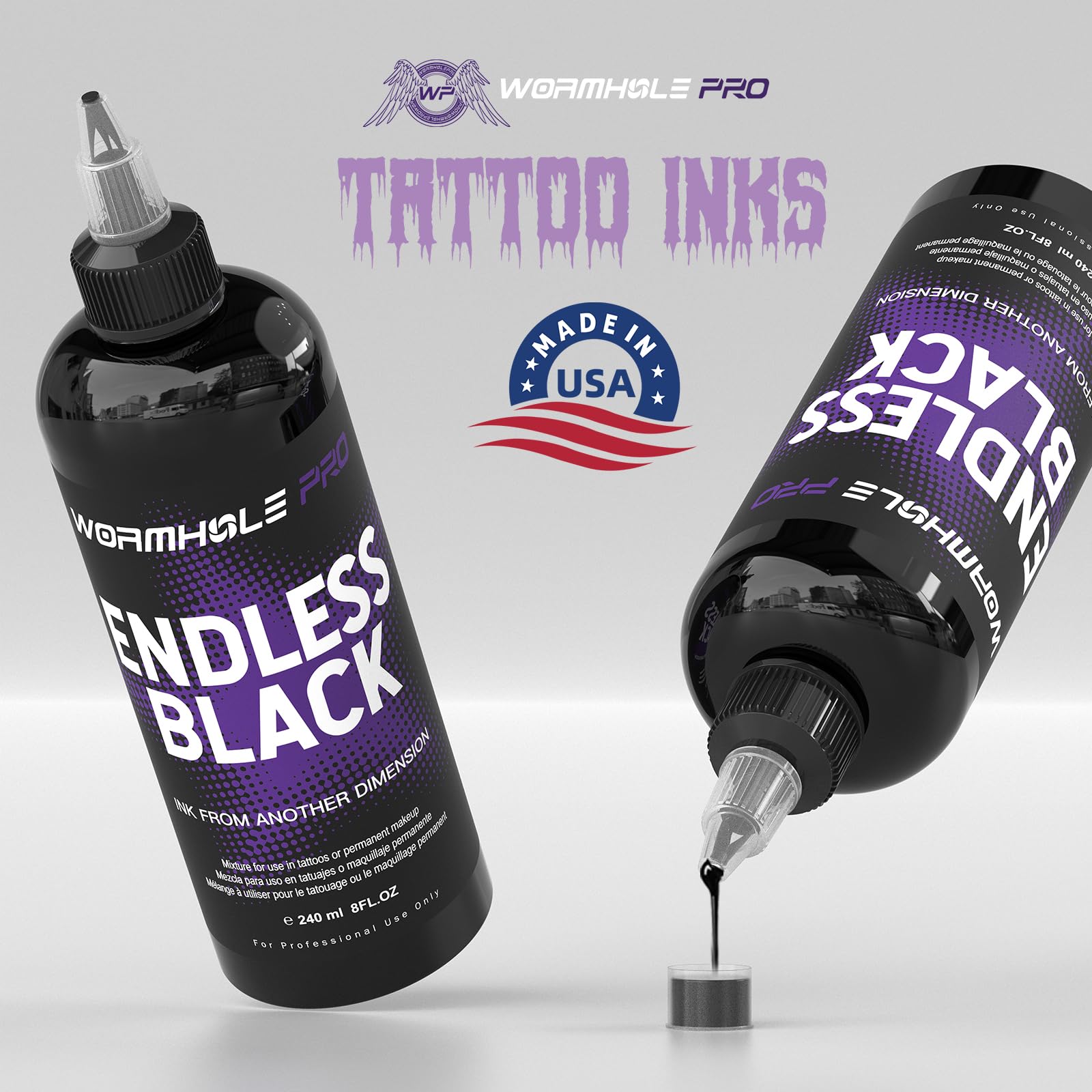 WORMHOLEPRO Endless Black label closeup highlights jet-black pigment for crisp shading.