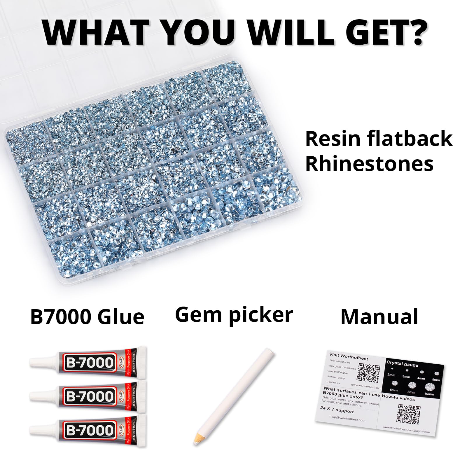 Worthofbest bedazzling kit contents with tools for precise application.