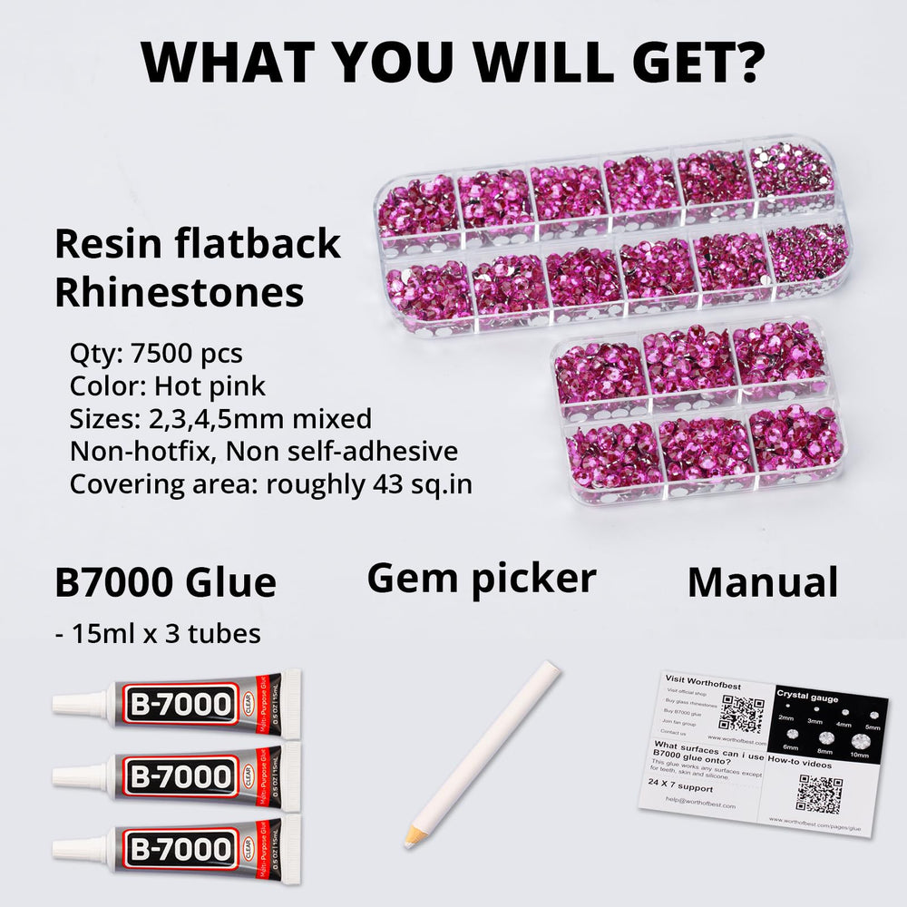 Worthofbest hot pink rhinestones multi-sizes ready for clothing and accessory bedazzling